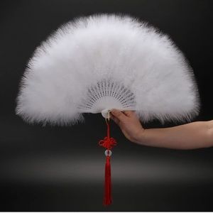 Feather Folding Fan & Satin White Gloves Bridgerton Style